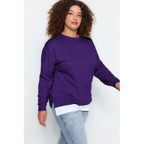 Mor Alttan T-Shirt Çıkma Görünümlü İnce Örme Büyük Beden Sweatshirt
