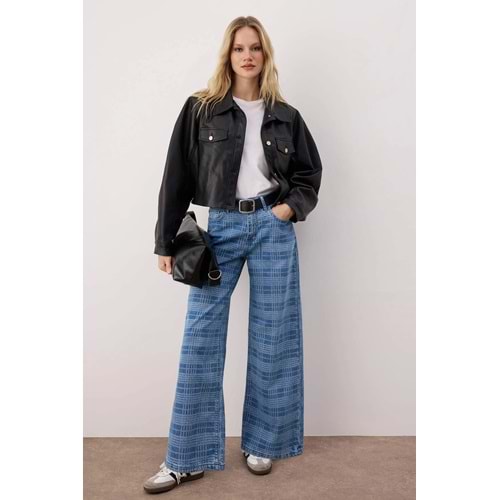 Mavi Ekose Desenli Yüksek Bel Wide Leg Jeans