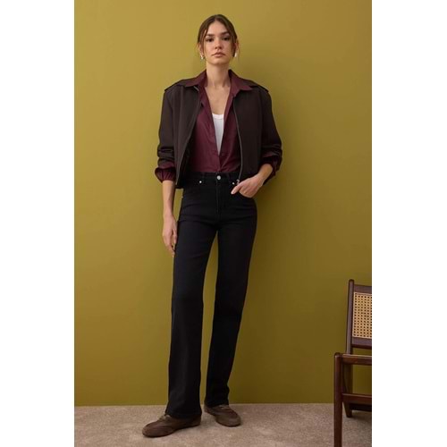 Trendyolmilla Siyah Normal Bel Geniş Paça Orta Esnek Straight Smoke Jeans
