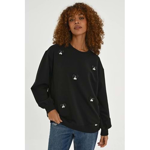 sogo Siyah FİYONK VE İNCİ DETAYLI SWEATSHIRT