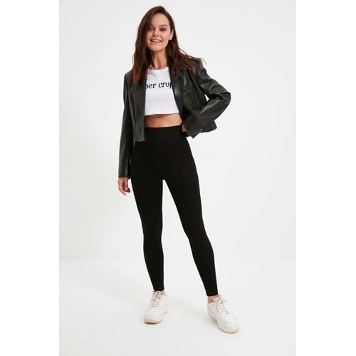 Trendyolmilla Siyah Yüksek Bel Basic Beli Lastikli İnterlok Örme Tayt
