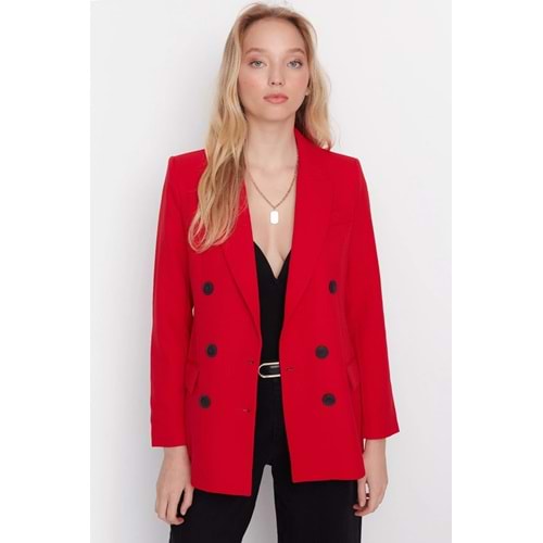 Trendyolmilla Kırmızı Dokuma Astarlı Kruvaze Kapama Dokuma Yılbaşı Blazer Ceket