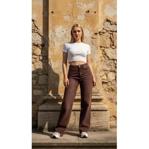 Kahverengi Palazzo Salaş Jeans Pantolon