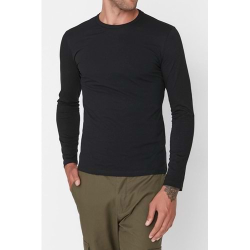 Siyah Erkek Basic Regular/Normal Kesim Bisiklet Yaka Uzun Kollu T-Shirt