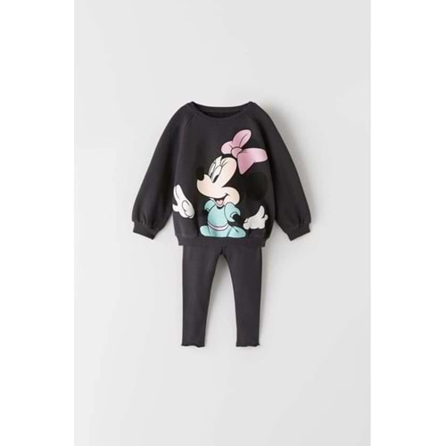 Minnie Mouse Baskılı Kız Çocuk Oversize Sweatshirt ve Tayt Takımı - Siyah
