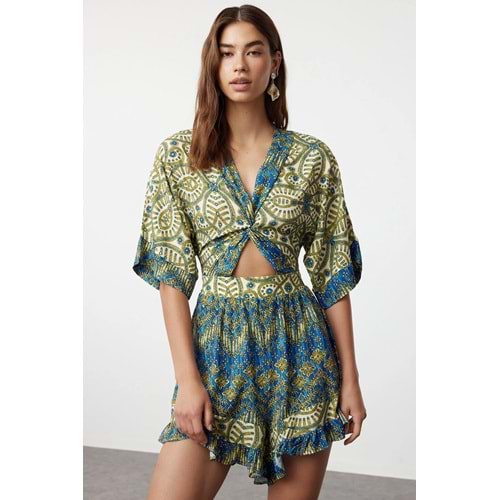 Trendyolmilla Etnik Desenli Dokuma Cut Out Detaylı Plaj Mini Tulum TBESS23EL00017