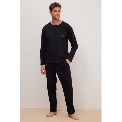 Erkek Standart Fit %100 Pamuk Bisiklet Yaka Beli Lastikli Siyah Pijama Takımı