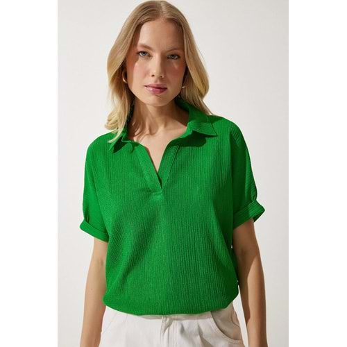 Happiness İstanbul Kadın Polo Yaka Örme Krinkıl Bluz DD01299