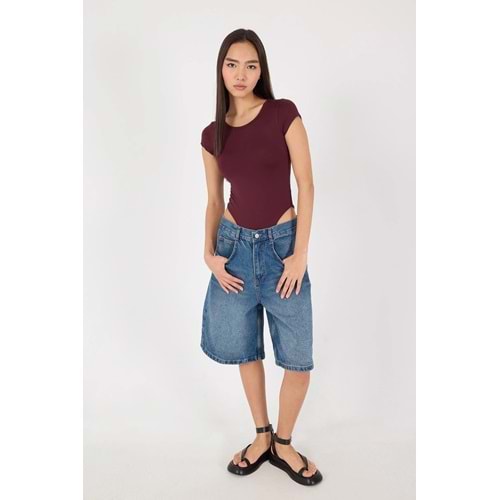 Kot Rengi - Kayış Detaylı Bermuda Denim Şort Ş