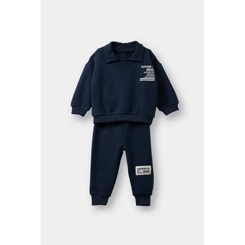 Defacto F9437A5NV71 Lacivert Erkek Bebek 2'li Takım Baskılı Selanik Kumaş Sweatshirt Eşofman Altı