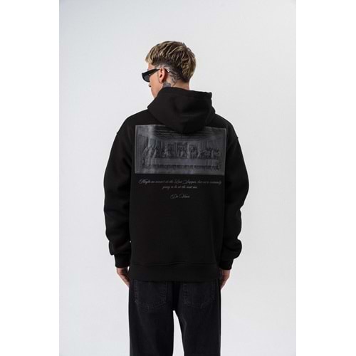 Erkek Da Vinci Baskılı Kapüşonlu Oversize Hoodie Siyah