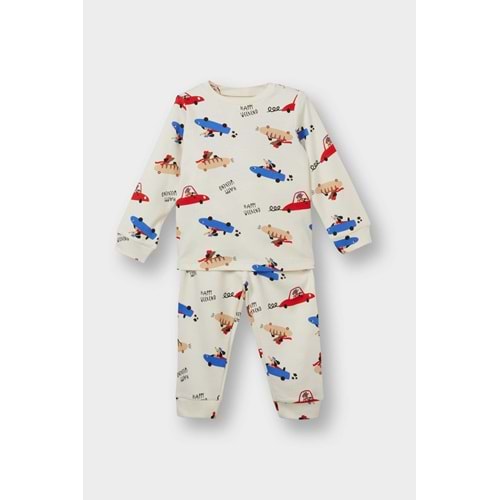 %100 Pamuklu Araç Baskılı Beli Lastikli Pijama Takımı Erkek Bebek