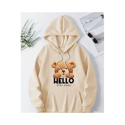 herkesemoda Hello Stay Scool Baskı Detaylı Kapüşonlu Sweatshırt Bej
