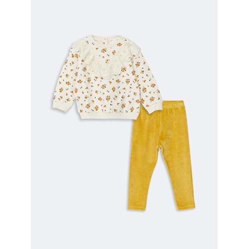 LCW baby Ekru Bisiklet Yaka Kız Bebek Sweatshirt Ve Tayt Pantolon 2'li Takım
