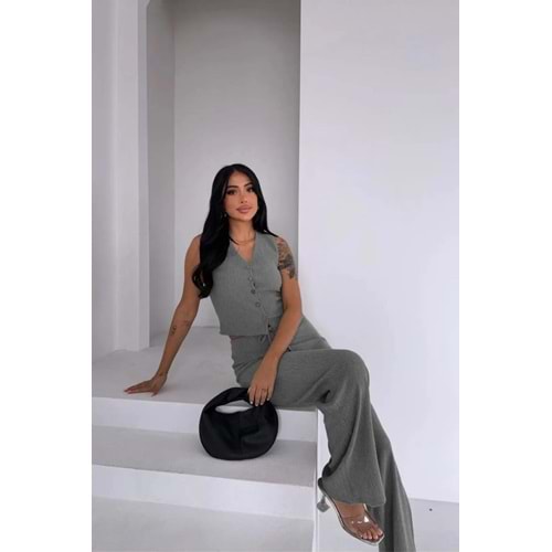 Gri Yelek Yüksek Bel Pantolon Takım
