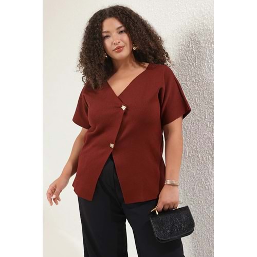 Trendyolmilla Curve Bordo Düğmeli Asimetrik Kapamalı Triko Bluz