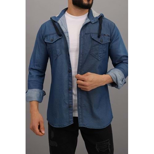Trend Maker Erkek Lacivert Slim Fit Dar Kalıp Kapüşonlu Kot Gömlek
