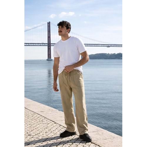 Erkek Beli Lastikli Jogger Bej Keten Pantolon