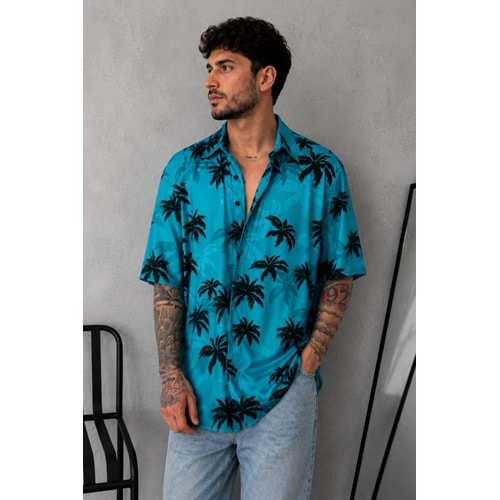 Palmiye Desenli Oversize Unisex Gömlek
