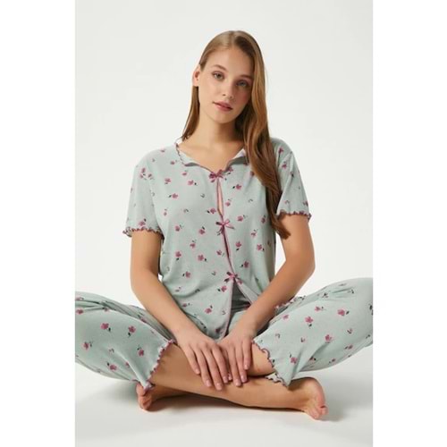 Ritnice Kadın Juliet Kurdeleli Yumuşak Doku Yeşil Çiçekli Pijama Takımı