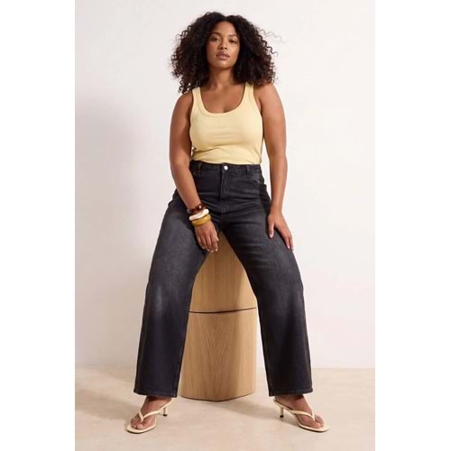 Trendyolmilla Curve Antrasit Yüksek Bel Geniş Paça Comfort/Orta Esnek Büyük Beden Wide Leg Jeans