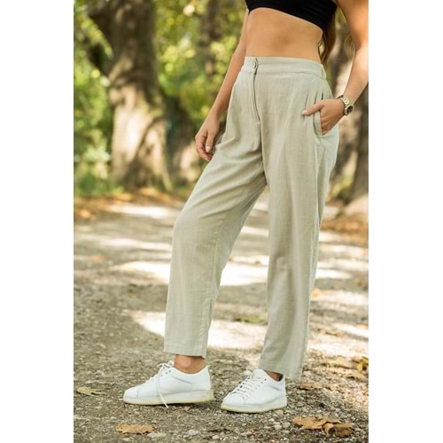 Pile Detaylı %100 Pamuk Keten Pantolon Krem
