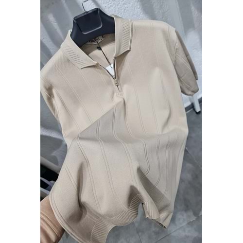 Erkek Bej Fermuarlı Polo Yaka Triko