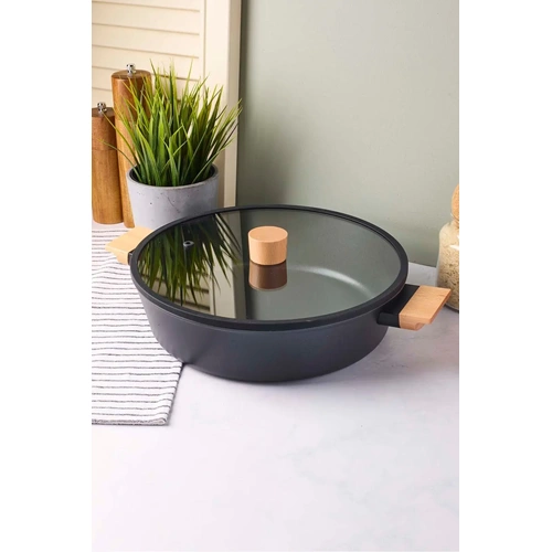 CookWood Black İndüksiyon Tabanlı Ahşap Kulplu Kapaklı Seramik Basık Tencere 28 cm