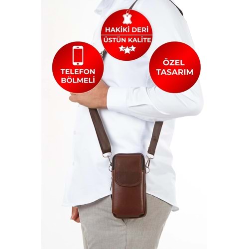 CERFF LEATHER CLUP Hakiki Deri Omuz Askılı Telefonluk & Kartlık