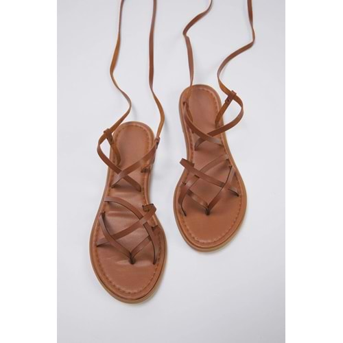 Trendyolmilla Shoes Taba Bilekten Bağlamalı Parmak Arası Kadın Sandalet