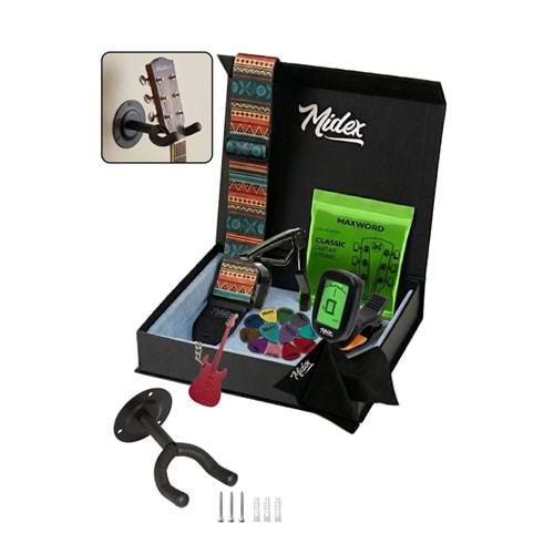 Midex AC-20 Gitar Aksesuar Seti Gitar Askı Capo Tuner Pena