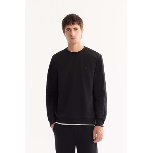 Siyah Bisiklet Yaka Kolay Ütülenen Bi-Stretch Sweatshirt