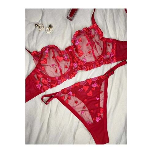 ROZENİN LINGERIE Kırmızı Kalpli Dantelli Kapsız Bralet Sütyen Takım (BÜYÜK VE KÜÇÜK BEDEN