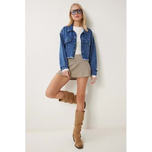 Happiness İstanbul Kadın Mavi Püskül Detaylı Denim Crop Ceket