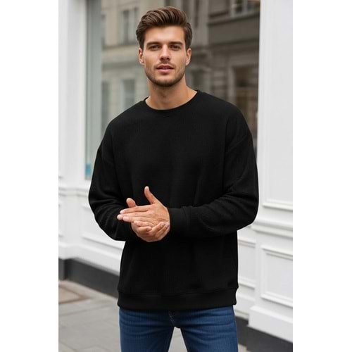 Siyah Waffle Oversize/Geniş Kesim Bisiklet Yaka Dokulu Basic Şardonsuz Sweatshirt