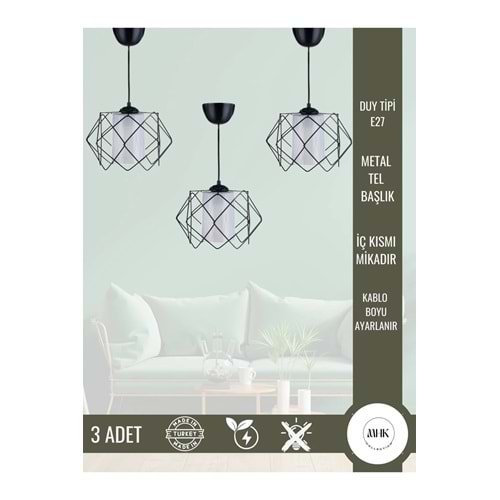 MHK Collection 3 Adet Siyah Tasarım Beyaz Mika Çok Kare Salon Mutfak Banyo Yatak Odası Çocuk Odası Antre Avize