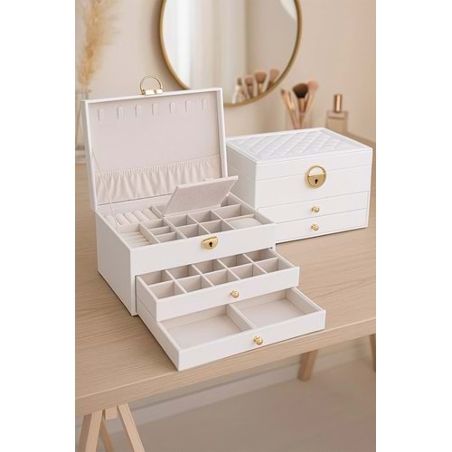 Modern 2 Çekmeceli Takı Mücevher Kutusu Organizer Düzenleyici Beyaz 13 X 23 X 10 cm