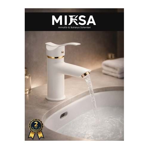 Beyaz-Gold Sabit Banyo Lavabo Musluğu Bataryası