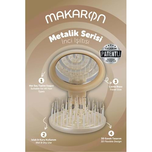 Beauty Makaron METALİK - Üç Boyutlu 3D Esnek Aynalı Çanta Boy Saç Fırçası - Compact Detangler