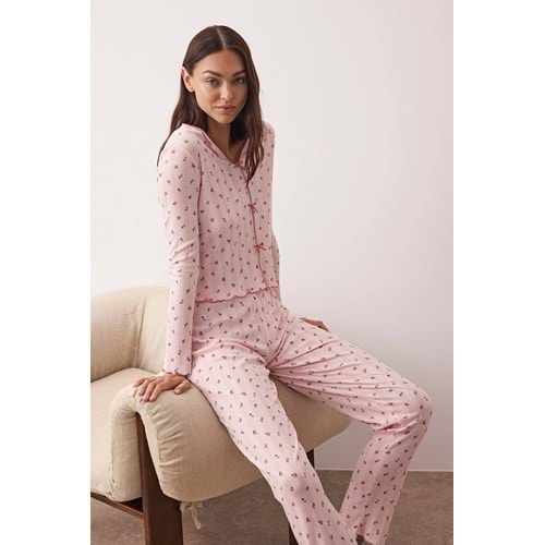 Fiyonklu Fitilli/Pointel Örme Pijama Takımı