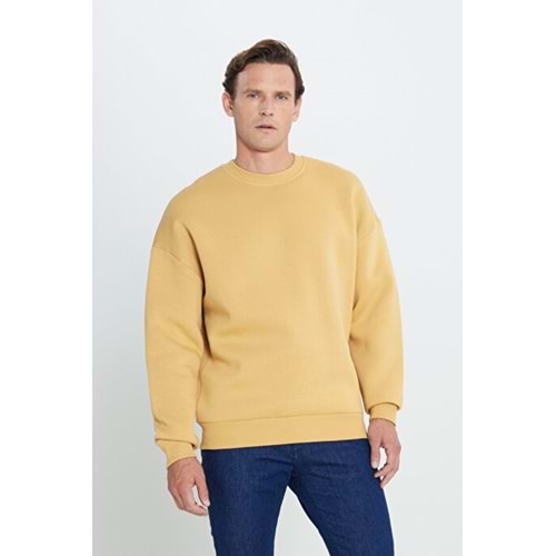 Altınyıldız Oversize Bol Kesim İçi Polarlı 3 İplik Bisiklet Yaka Pamuklu Hardal Sweatshirt