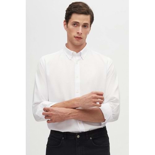 Ds Damat Slim Fit Beyaz Armürlü Düğmeli Yaka Pamuklu Gömlek