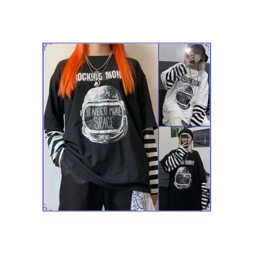 Köstebek SİYAH I NEED MORE SPACE UNİSEX ÇİZGİLİ KOLLU T-SHIRT