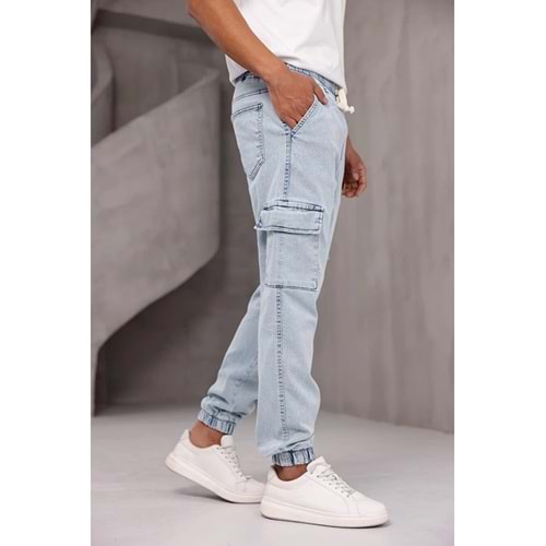 Beli Lastikli Slim Fit Elastanlı Jean Kargo Pantolon