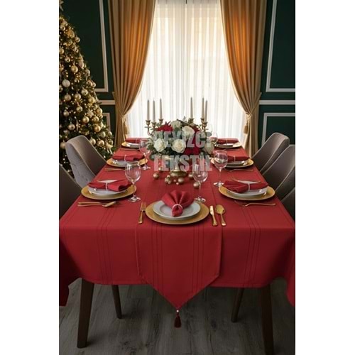 Çizgili 12 Kişilik 26 Parça Masa Örtüsü, Kırmızı Noel Masa Örtüsü,