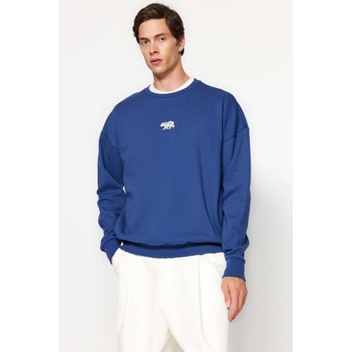 Lacivert Oversize/Geniş Kesim Fit Hayvan Nakışlı İçi Polar