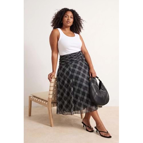 Drape Detaylı Boho/Boho Chic Basklılı Tül Esnek Örme Etek