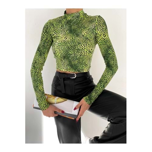 Kadın Yeşil Leopar Baskılı Balıkçı Yaka Crop Body