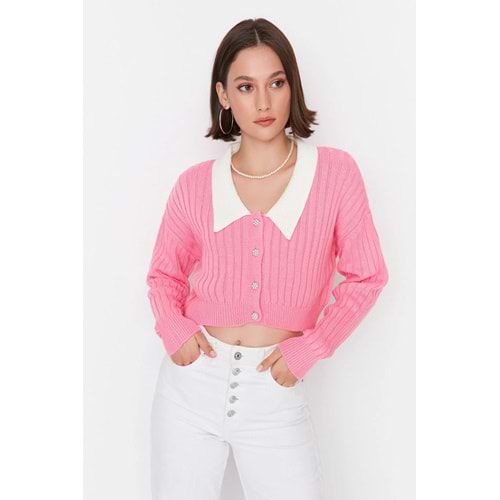 Pembe Süper Crop Gömlek Garnili Triko Hırka