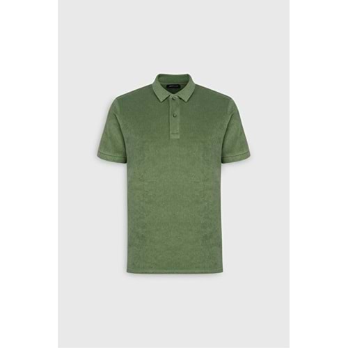 Slim Fit Dar Kesim Pamuklu Havlu Kumaş Polo Yaka Yeşil Tişört